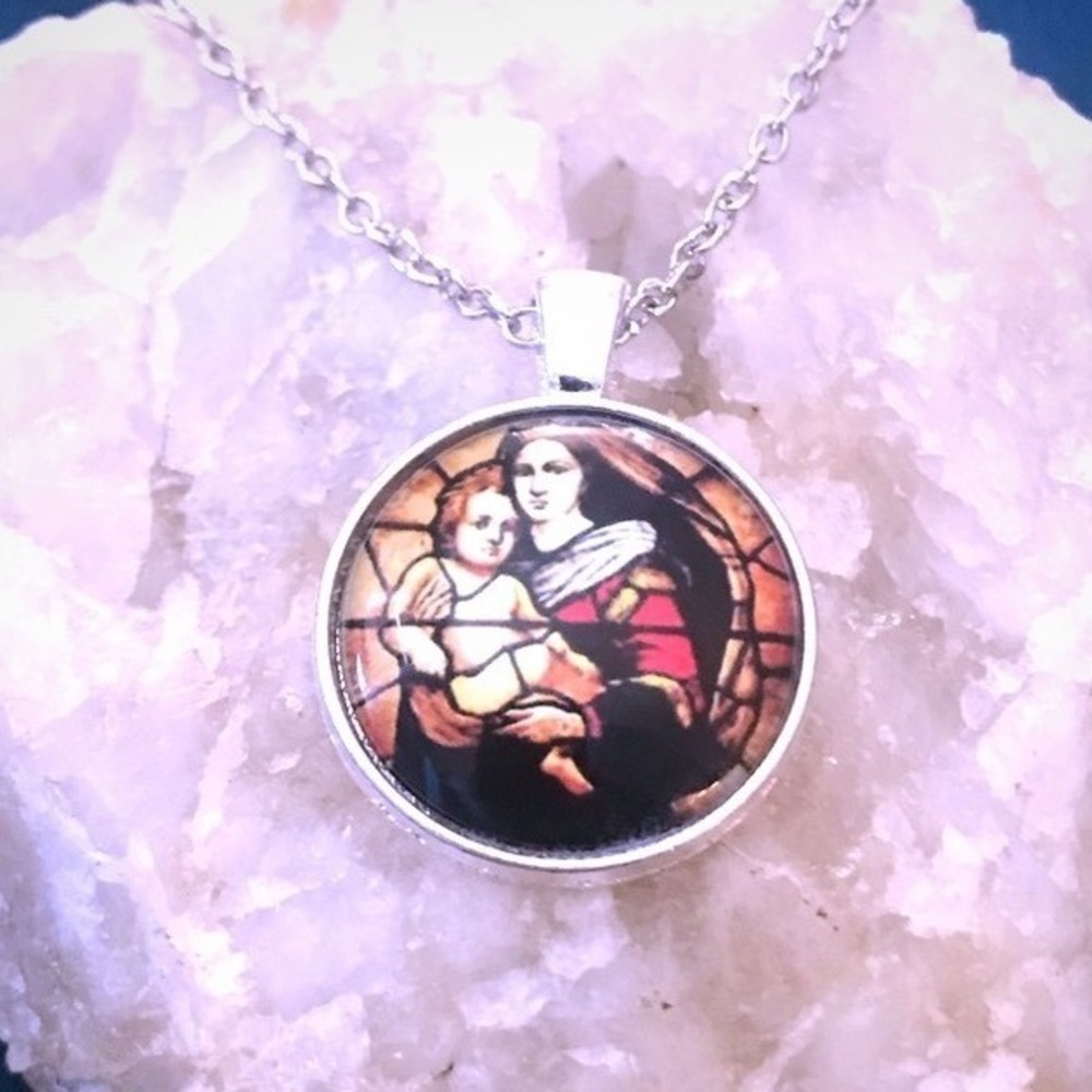 Religious Pendant Necklace Virgin Mary Child Catholic Stained Glass Silver -New